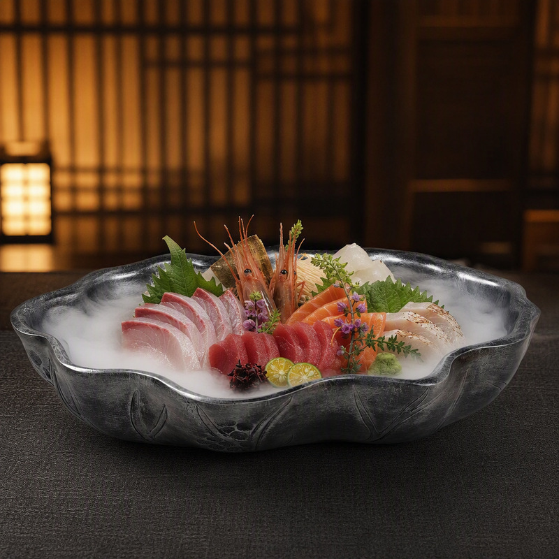 Creative lotus leaf-shaped sashimi plate with metallic texture, seafood presentation ice plate, hotel Japanese cuisine salmon presentation dish Creative lotus leaf-shaped sashimi plate with metallic texture, seafood presentation ice plate, hotel Japanese cuisine salmon presentation dish