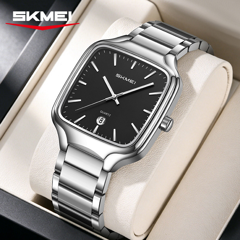 Momento plateado cuadrado acero reloj de cuarzo 30 metros calendario impermeable relojes de hombre comercio exterior transfronterizo al por mayor