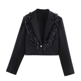 ins跨境欧美2026新款时尚气质女 批发长袖立体花装饰短款西装外套