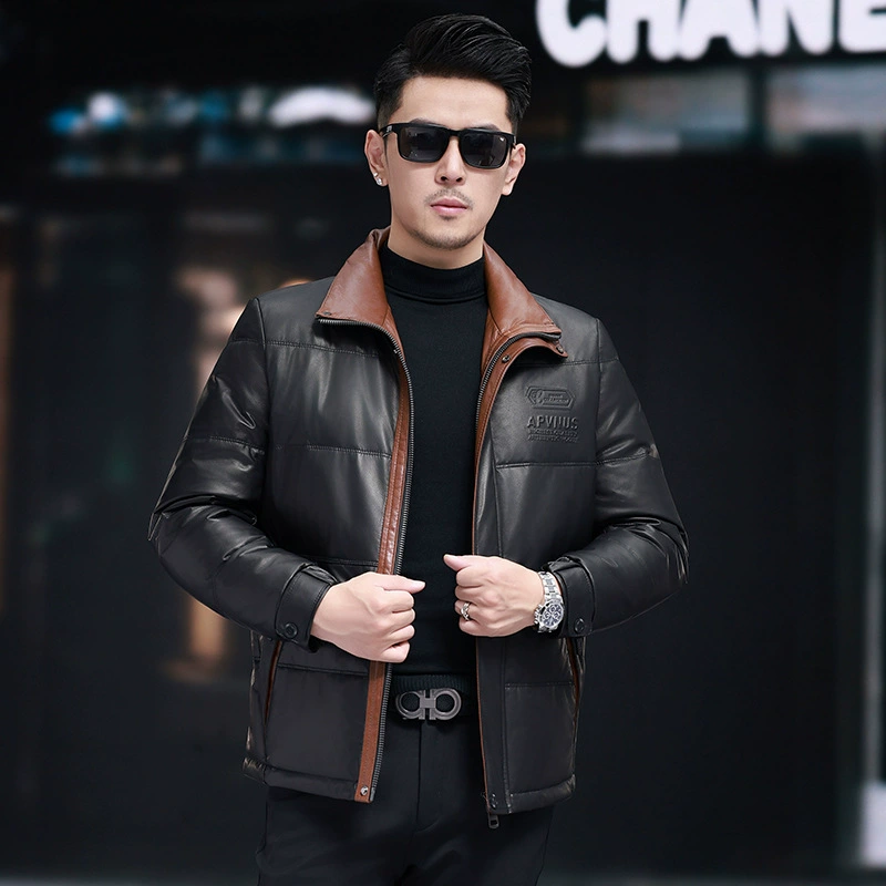 Winter leather short down jacket, genuine leather, cowhide, increased thickness