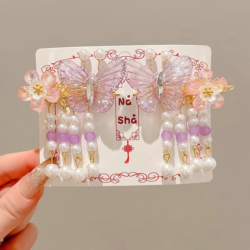 Niños flores de perlas para el cabello de mujeres estilo antiguo estilo Han toque de cabello de niña super inmortal estilo nacional tarjeta de cabello de niña pequeña para el cabello de clips