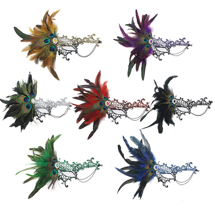 Nuevo diseño transfronterizo de cuentas elegantes máscaras de encaje plumas de pavón decoración mascaradas máscaras de fiesta