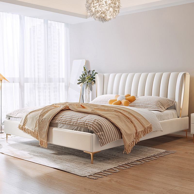 包邮北欧简约现代双人主卧室大床网红轻奢风真皮床高档婚床奶白色|ms
