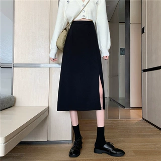 半身裙女2025新款春季中长款设计感法式高腰开叉黑色a字包臀裙子