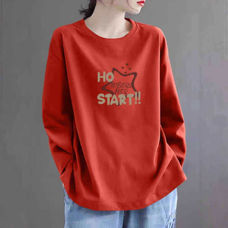 Big Brand Cut Label Export Export 100% Cotton Women's Long-Sleeved Printed T-Shirt Spring & Fall Versatile Casual Slimming Look Top