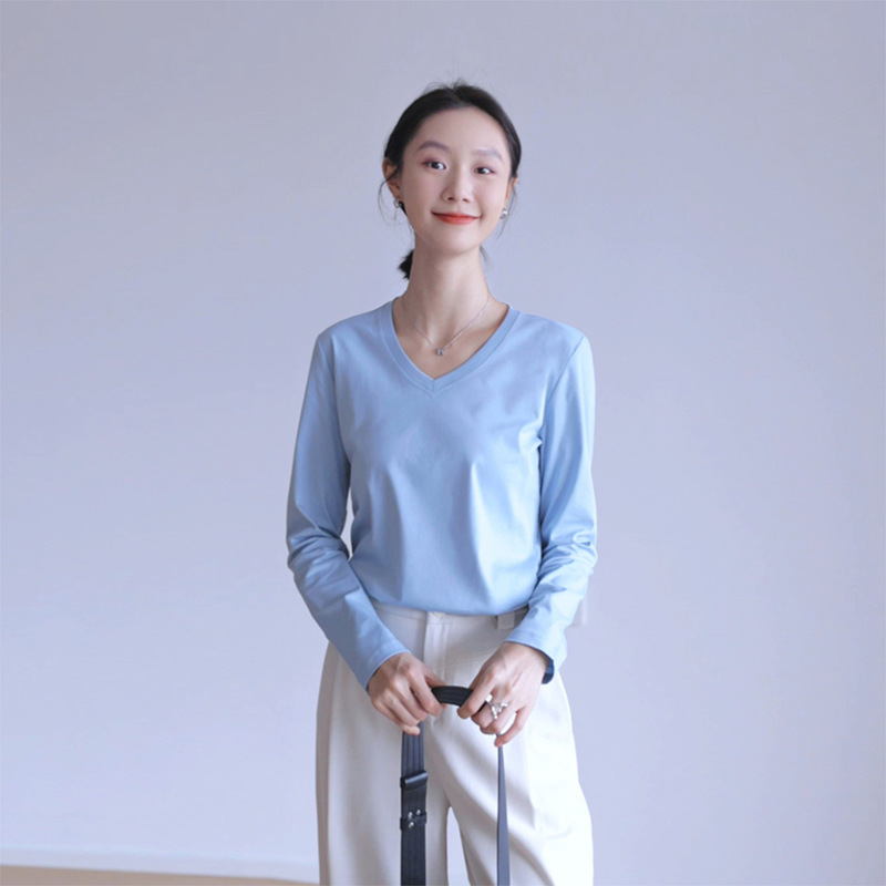 纯棉长袖T恤女修身外穿内搭v字领打底衫上衣春秋|undefined