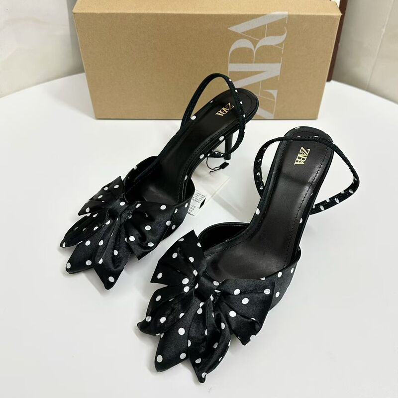 Za Home 2025 New Women's Shoes Satin Bow Decorated Stiletto Heel Toe Back Hollow One-Strap High-Heeled Slippers Sandals