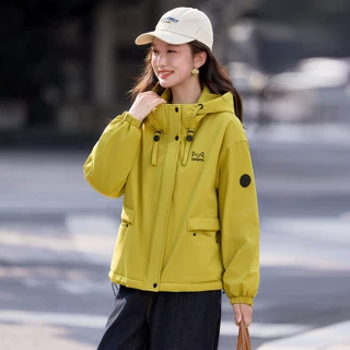 休闲运动风加绒加厚冲锋衣连帽外套女冬季2026新款小个子棉衣棉服