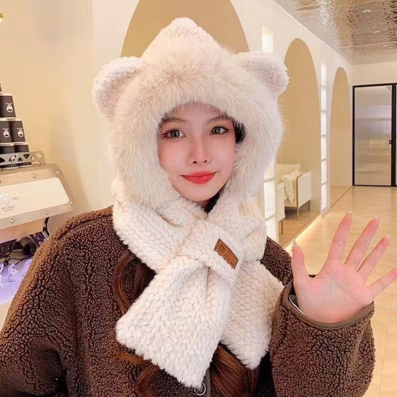 ぬいぐるみクマの帽子女性のための秋と冬 2025 新しいかわいい顔が見える小さな防風暖かい耳保護多用途プルオーバー帽子