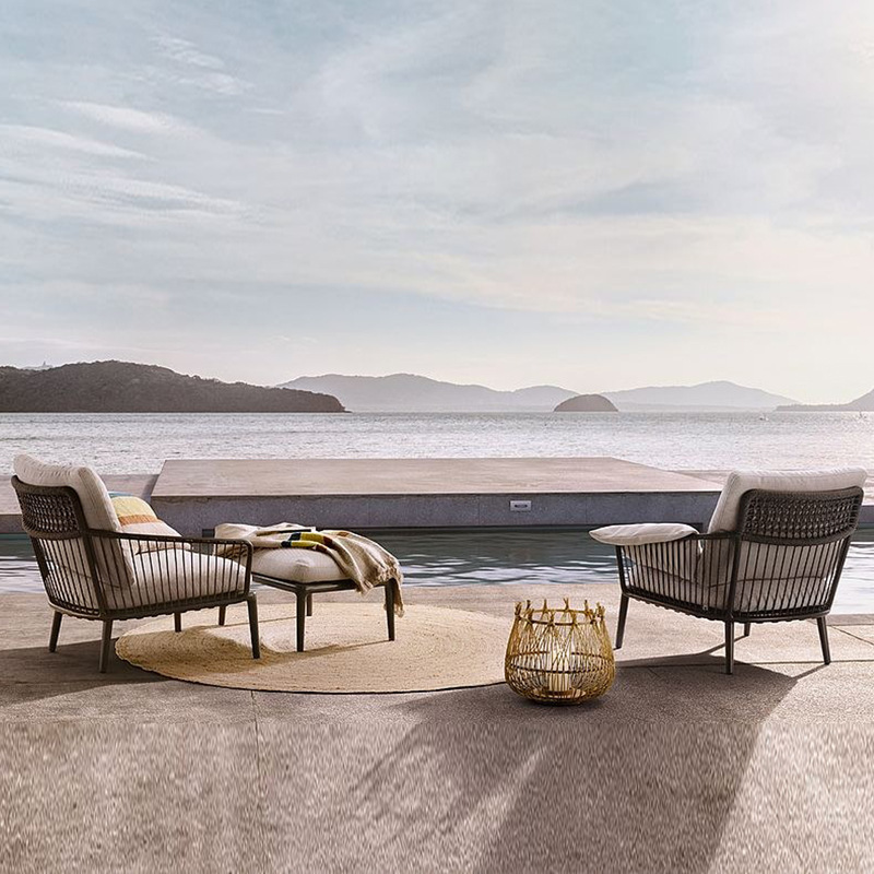 Nordic Leisure Balcony Small Sofa Lazy Lounger Woven Creative Chair Table Set with Tea Table, Simple Three-Piece Outdoor Courtyard Combination