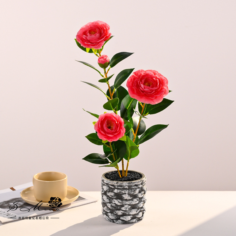 Plantas en maceta de camelia de cuatro cabezas transfronterizas, flores de simulación creativa, decoración de estudio fotográfico para el hogar, plantas verdes artificiales, simulación, macetas, falso image 7