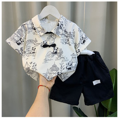 男童夏裝套裝時髦背心短袖襯衫短褲2024新款洋氣帥寶寶兒童薄衣服