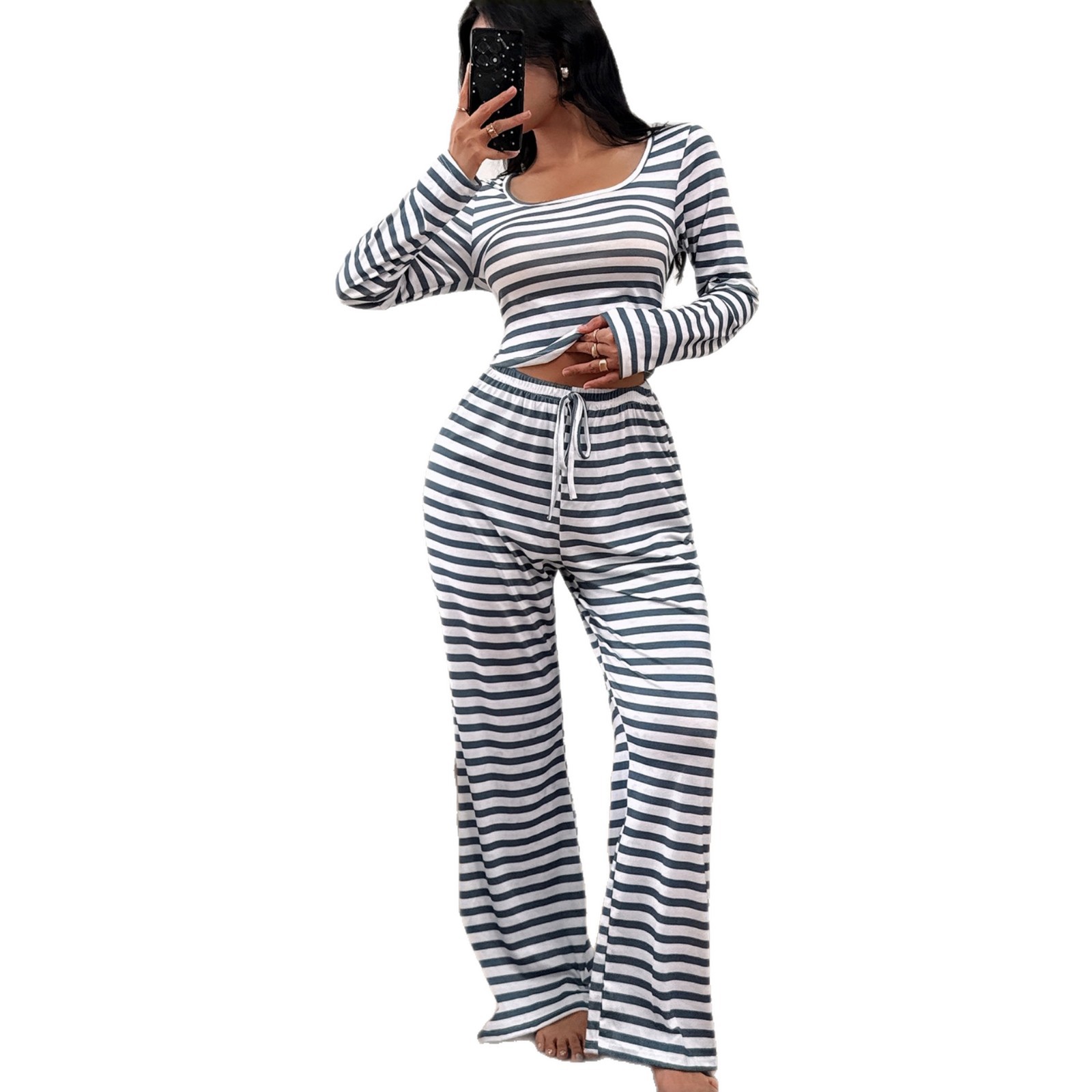 Amazon Europa y América transfronterizas damas de moda de cuello cuadrado rayas casuales delgadas pantalones de mangas largas pijamas set de ropa para el hogar