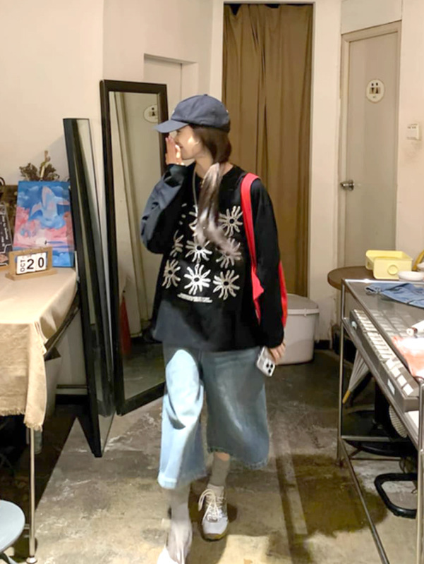 字由韩系太阳花印花慵懒感长袖上衣T恤女春秋季打底衫休闲上衣|undefined