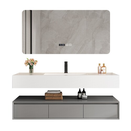 Light Luxury Porcelain Slab Seamless Ceramic Basin Integrated Basin Solid Wood Bathroom Cabinet Combo Washstand & Vanity Set for Bathrooms, Manufacturer-Provided