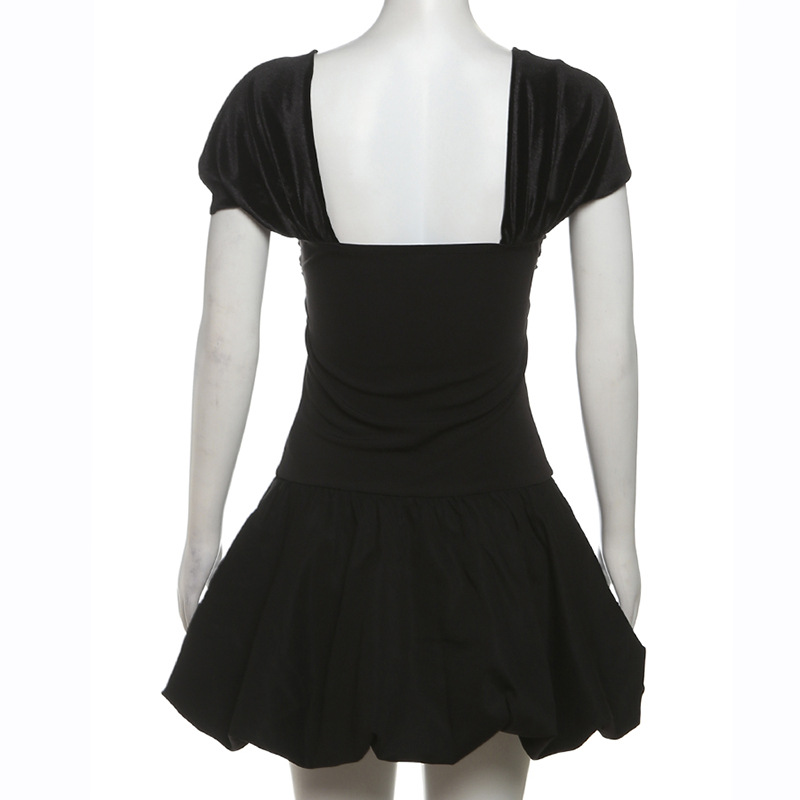 Spring Women Clothing Elegant High Grade Suede Short Sleeve Tube Top Hollow Out Cutout Bubble Splicin