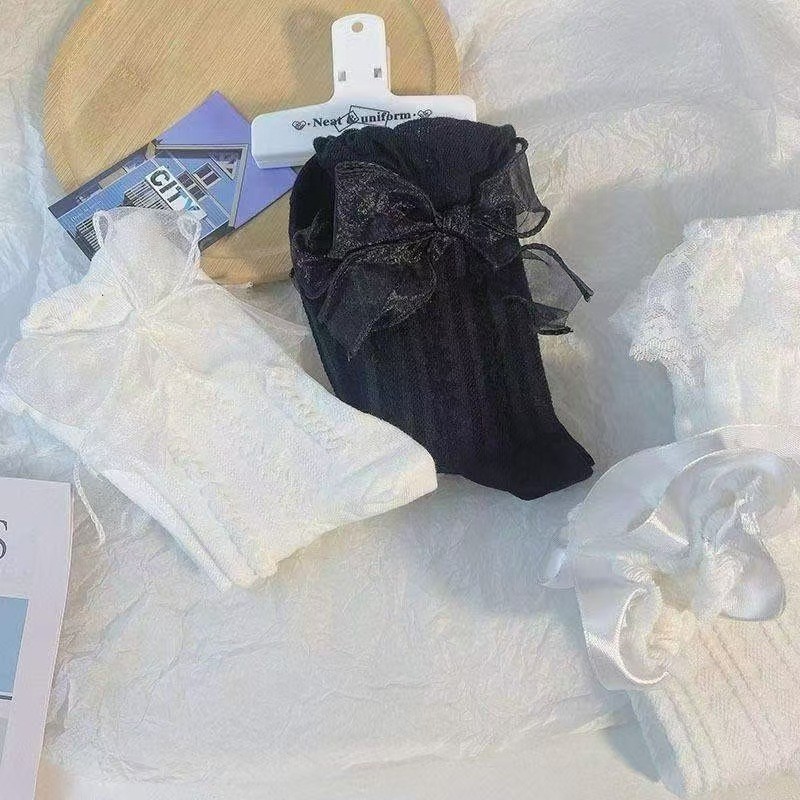 黑白色蝴蝶结花边jk袜子女中筒夏季薄款日系甜美Lolita蕾丝公主袜|undefined