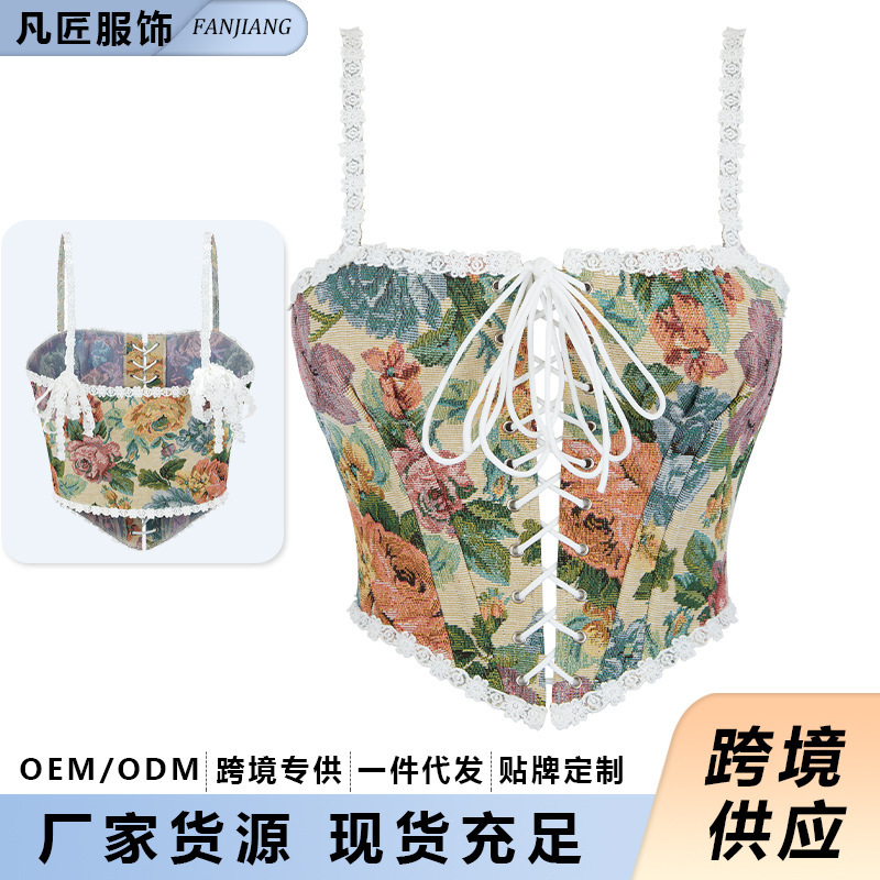 Cross-border New European and American French Retro Sling Corset Jacquard Lace Front Lace Shaping Top