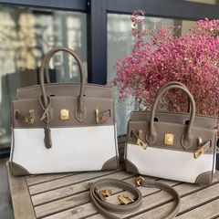 2023秋冬新款鉑金包女斜挎包休閒拼接撞色包swift皮拼帆布手提包