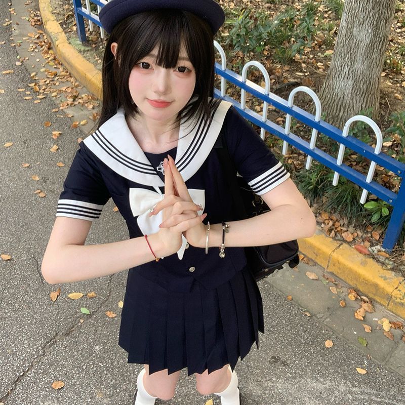 Original Summer Jk Waist-Cinching Sailor Suit Preppy Style Uniform Suit Women's Summer Short-Sleeved