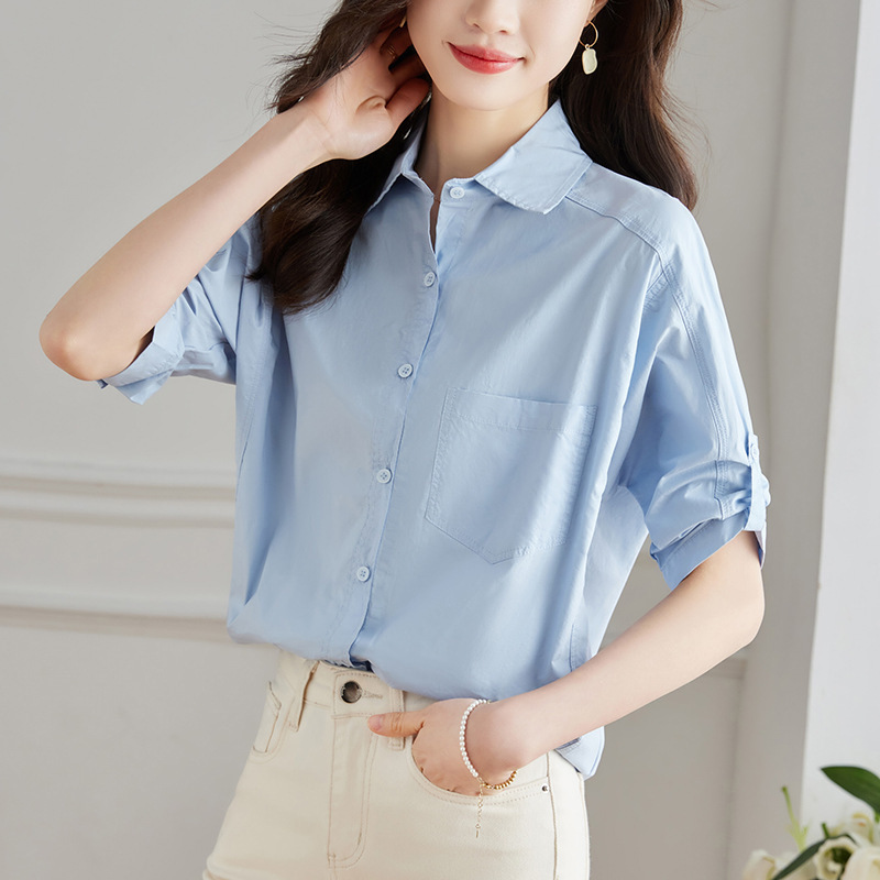Factory Direct Sale Light Blue Pure Cotton Shirt for Women, Half-Sleeve, 2026 Summer Design, Niche Style Top, Pure Cotton Shirt