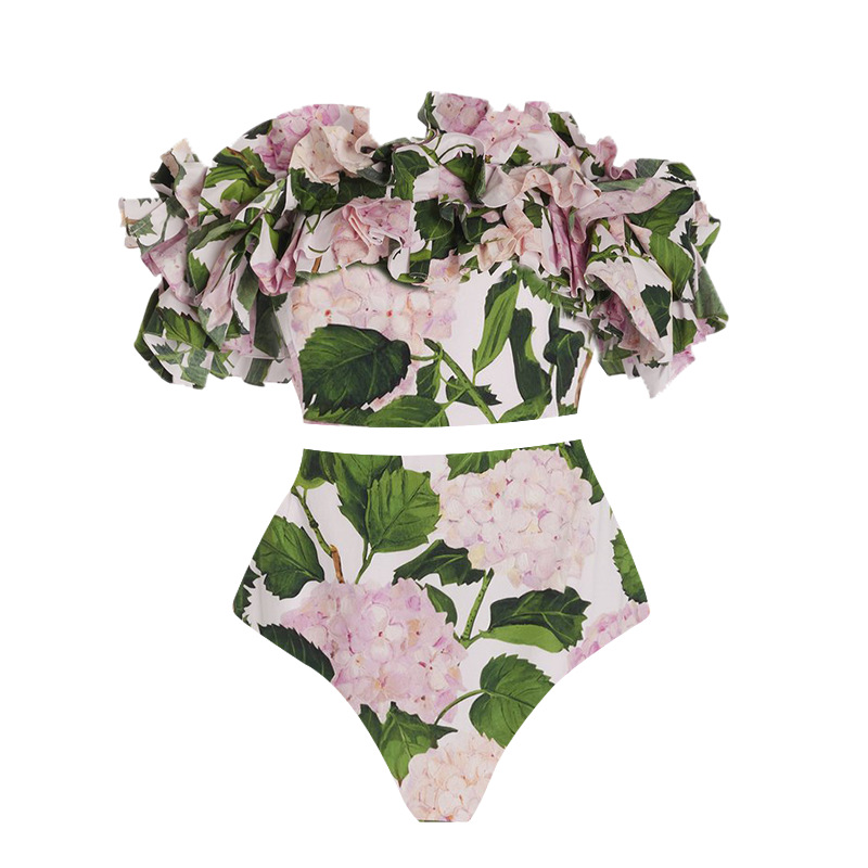 280g Weight Polyester Fabric Type Bandeau Tops Type Daily, Swimming Pool, Party Occasion Leaf, Lotus Pattern Women's Gender Frill Craft Women's Leaf Lotus 2 Pieces Set Bikinis Swimwear 7