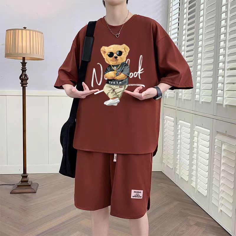 Short-Sleeved T-Shirt Summer Suit for Male Junior High School and High School Students, Trendyy and Handsome Casual Sportswear Two-Piece Set Ins Versatile
