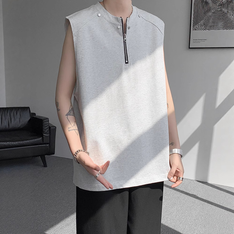 Half-Zip Rivet Sleeveless T-Shirt Men's Summer Trendy American High Street Clothing Loose Heavyweight Sports Vest Half-Zip Rivet Sleeveless T-Shirt Men's Summer Trendy American High Street Clothing Loose Heavyweight Sports Vest