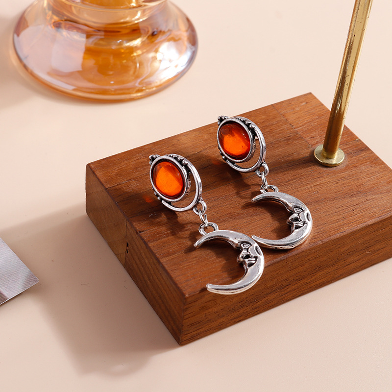jewelry fashion OL retro crystal gem moon alloy ear hook earrings