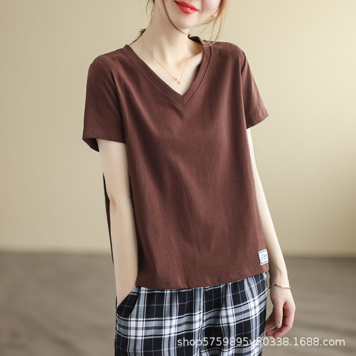 Women's Loose V-neck Short-sleeve T-shirt, Casual Patches Crewneck Top, Literary Comfortable Loose