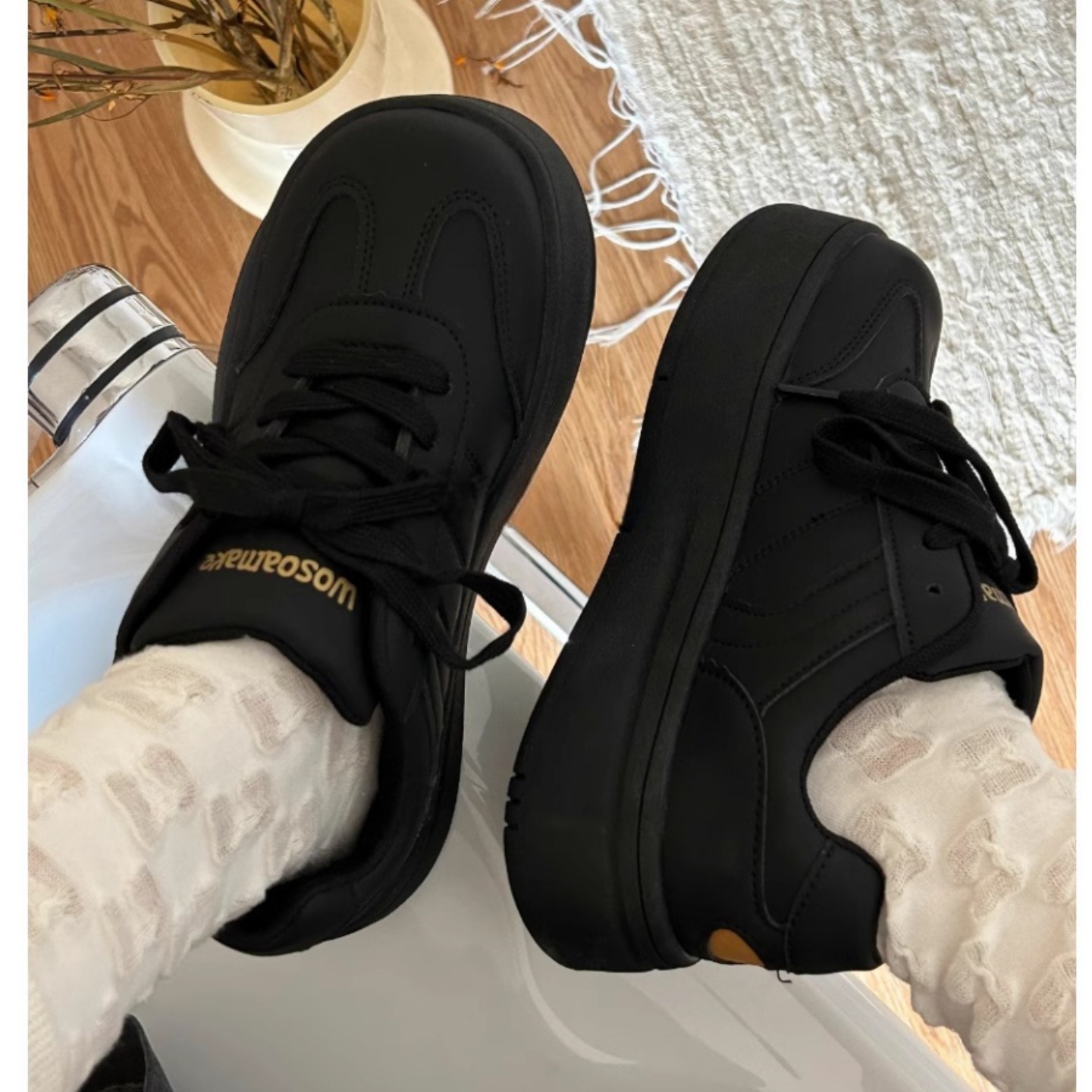 美拉德风黑色增高厚底鞋子女2024春季新款百搭运动复古德训板鞋