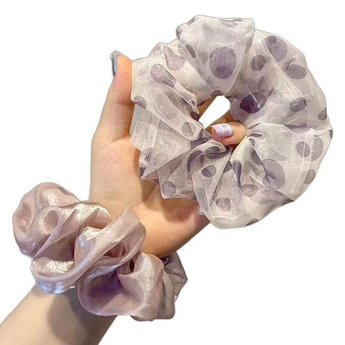 Oversized Hair Scrunchie, Purple Polka-Dot Mesh & Solid Satin, High-Elastic Durable 13 cm