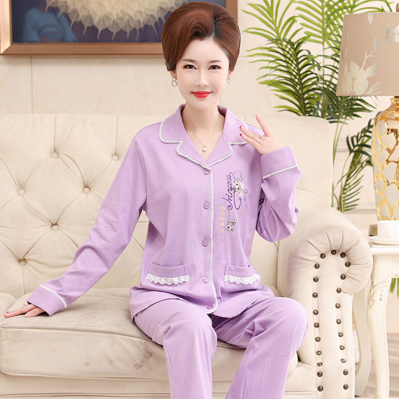 Primavera y otoño pijamas mujeres de mediana edad y madres ancianas 100% algodón de manga larga Chaqueta de punto traje suelto más tamaño ropa para el hogar