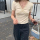 [Oufan] French temperament lace V-neck short sleeve shirt women's 2024 slim slim top 9786
