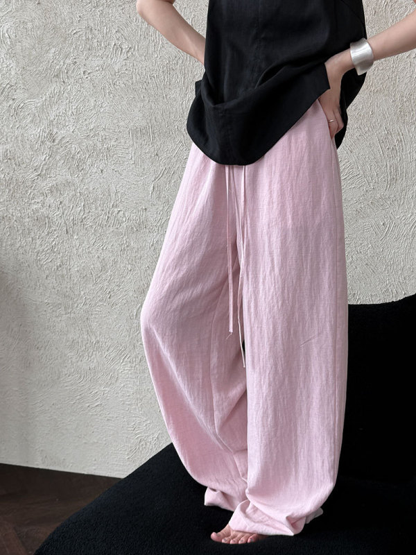 Lusi テンセルリネン弾性ウエストリラックスワイドレッグパンツ女性のズボン夏軽くて涼しいカジュアルパンツ 3630|undefined