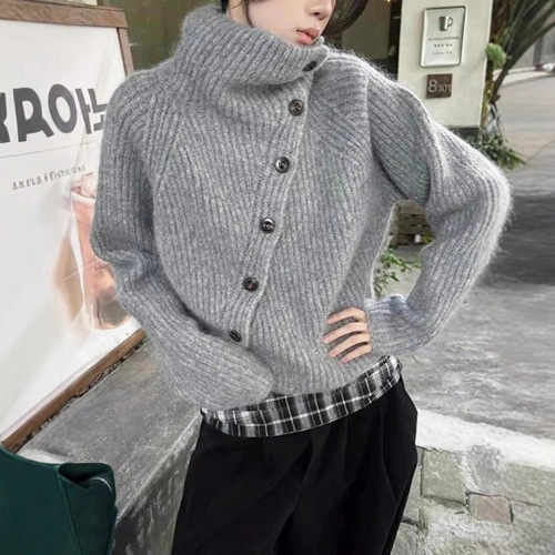 Autumn and winter lazy and high-end new style knitted cardigan soft waxy top for women Korean style irregular turtleneck sweater for women