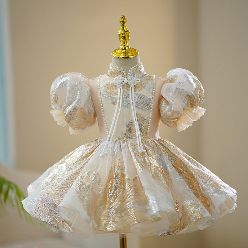 Champagnerfarbenes, super elegantes und stilvolles Kinderkleidchen, erstes Kleidchen für Babymädchen, neues Modell 2026 für Geburtstagsfeiern und_voghion.com