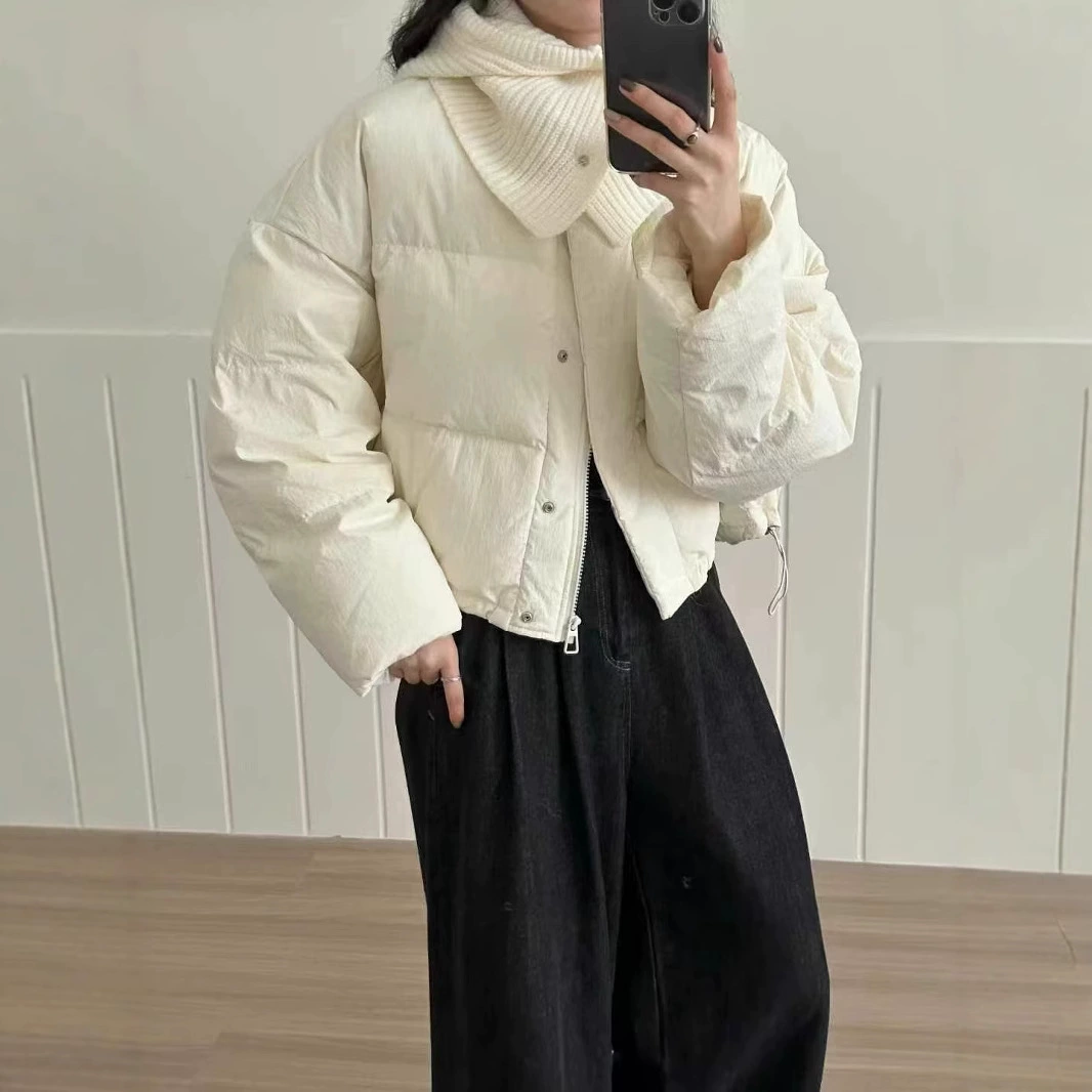 2024 новый шарф вязаный шапка короткий пуховик женский зимний корейский маленький хлеб костюм куртка с воротником