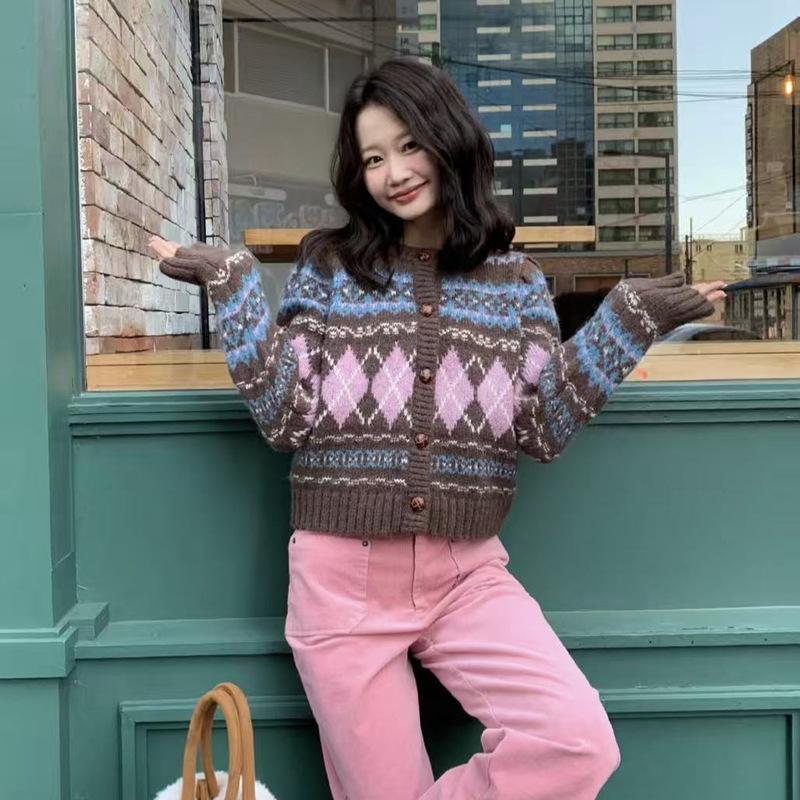 Korean Slowand Jacquard Diamond Knit Button Sweater Casual Versatile Niche Women's Loose-Fit Knit Top