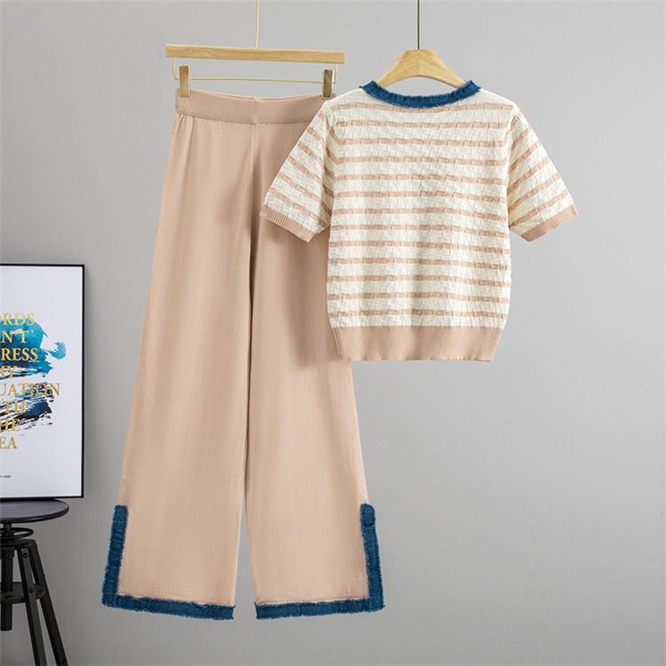 Elegant Stripe Knit Top With Wide-Leg Split-Hem Pants Set, Casual Chic Two-Piece Outfit For Women Versatile & Polished Design_ecoleips.com