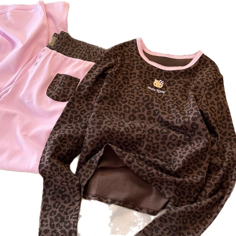 复古甜美辣妹风豹纹HelloKitty睡衣女秋季新款长袖长裤家居服套装|undefined