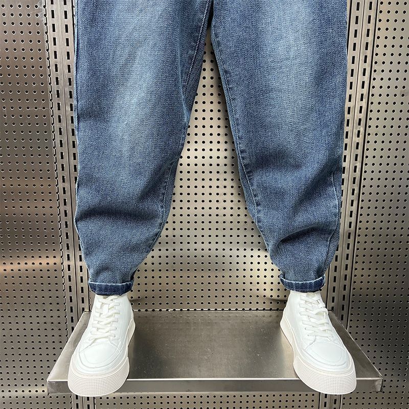 Drawstring tied denim jeans for men's 2023 summer new elastic loose Harlan leggings casual cropped pants_voghion.com