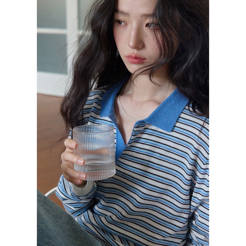 1313撞色polo翻领蓝白条套头羊毛针织衫2025女秋层次感宽松薄毛衣|undefined