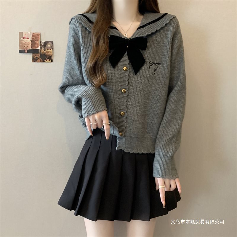学院风海军领毛衣女早春新款大码胖蝴蝶结短款上衣灰色针织开衫