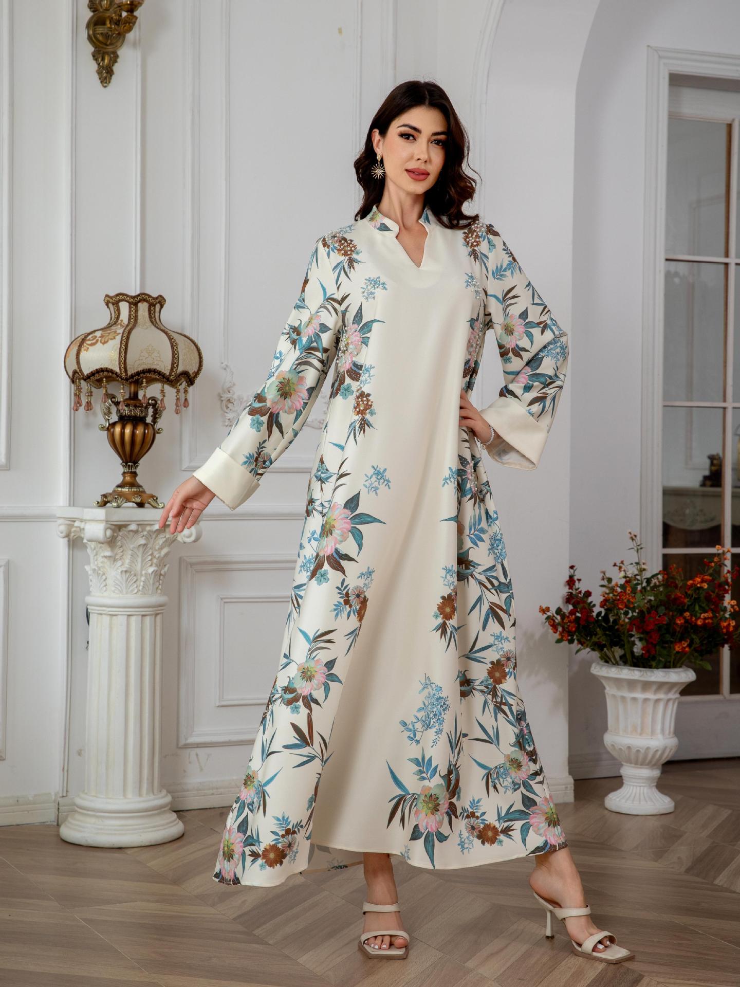 SW0803 Middle East Cross-Border Muslim Women's Robe Dubai Printed Long Dress Elegant And Stylish_ecoleips.com