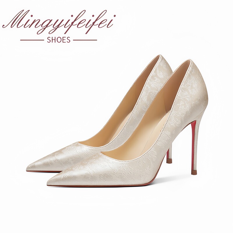 Sheepskin Version in Stock, New Style Satin Chinese-Style Red-Soled High-Heeled Shoes for Women, Elegant Pointed-Toe Embroidered Single Shoes, Cross-Border Wholesale