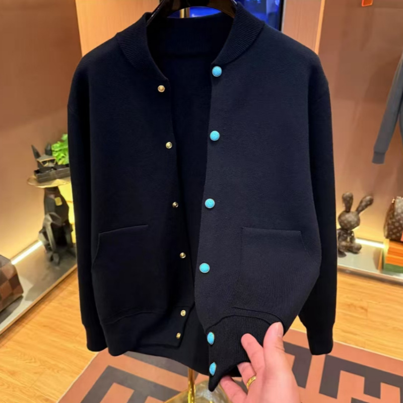 Niaojia Elements 2025 Autumn New Green Fashion Casual Turquoise Stand Collar Knitted Cardigan Loose Sweater Jacket for Men