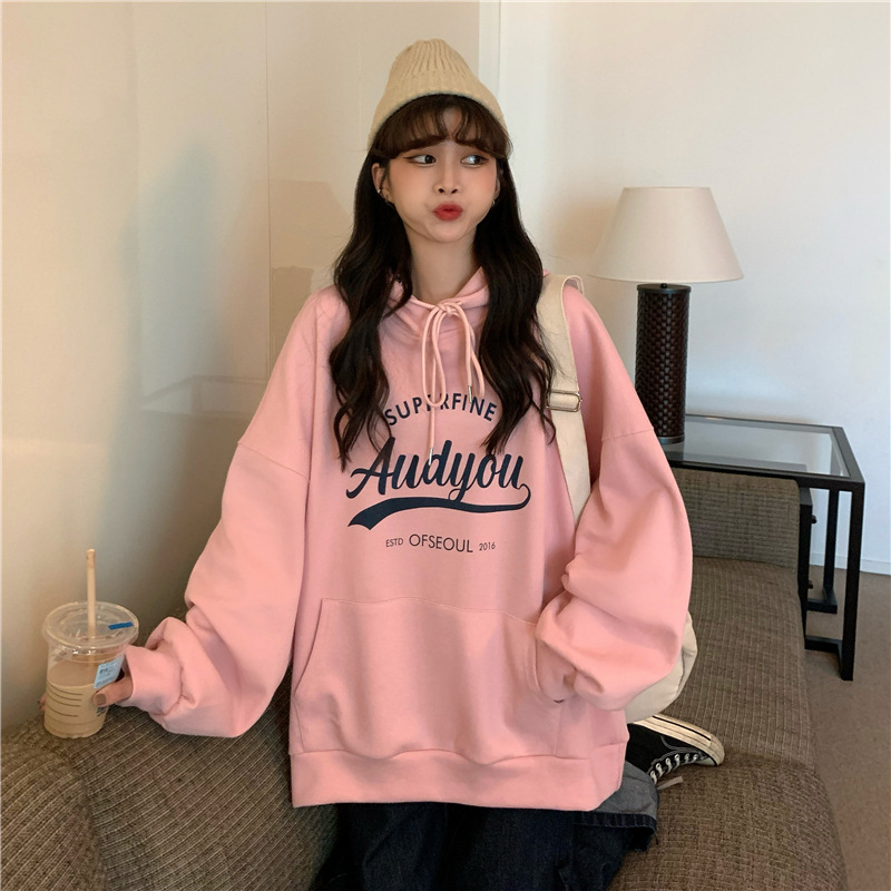 Sudera con Capucha Transfronteriza de Otoño/Invierno, Estilo Coreano, Estampado de Letras, Nuevo Modelo, con Forro Polar, Manga Larga, Top Multiusos de Moda