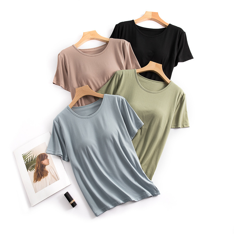 Women's summer with chest pad Cup one-piece loose plus size blended short-sleeved home wear pajamas bottoming shirt can be worn outside