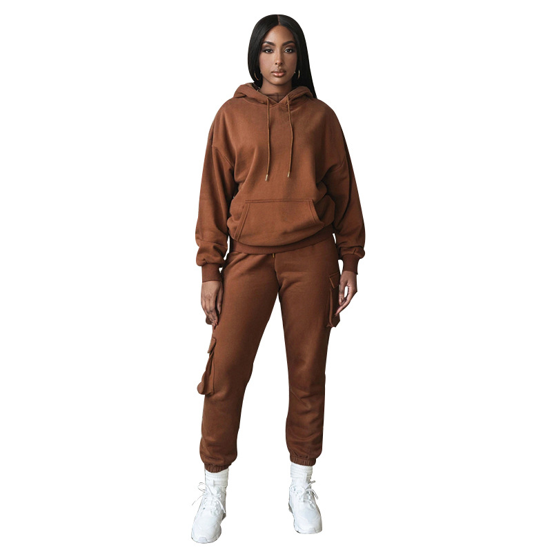 2021 cross-border European and American autumn and winter urban casual solid color hooded pocket trousers women's drawstring long-sleeved sweater suit